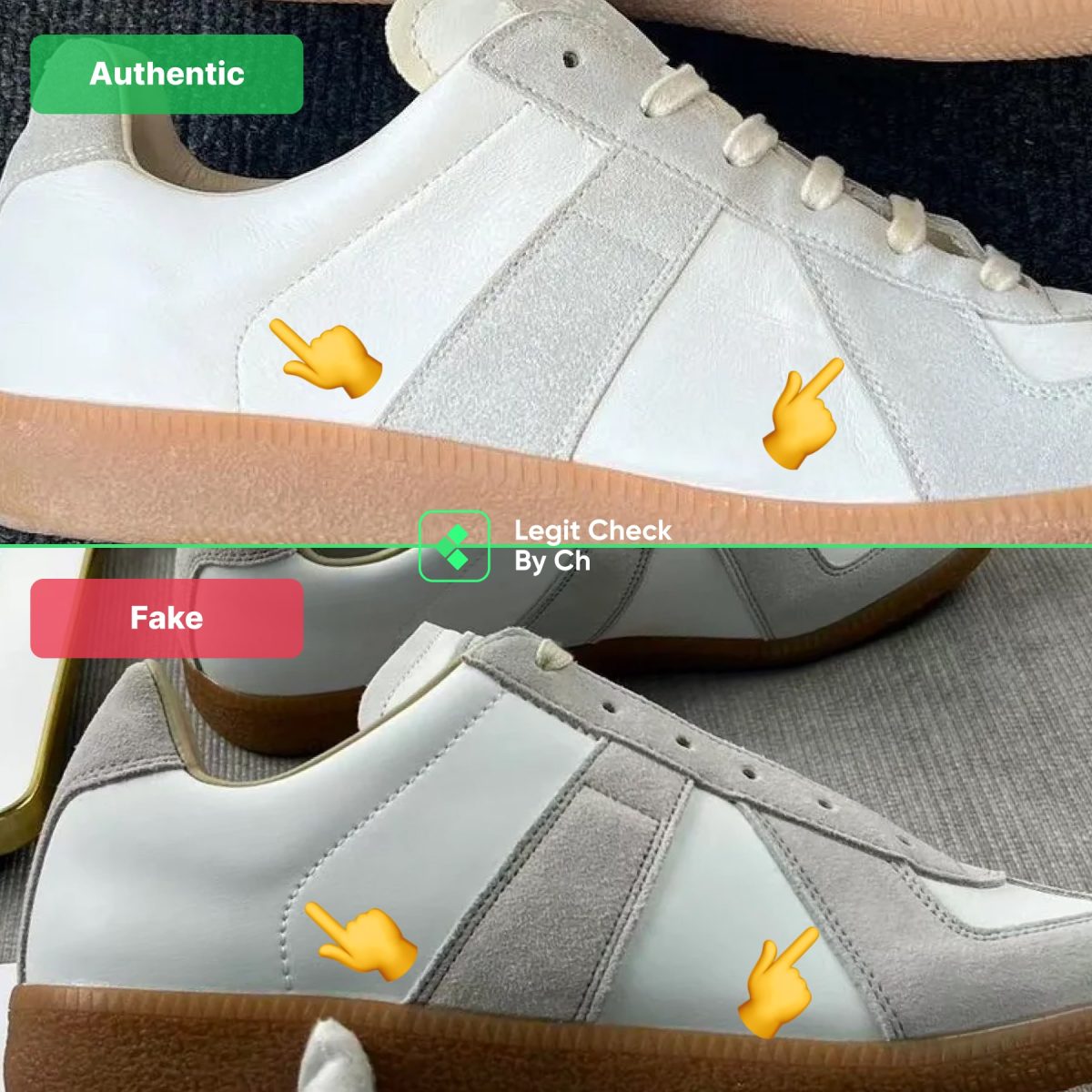Comparison of real and fake Margiela sneakers: stitching