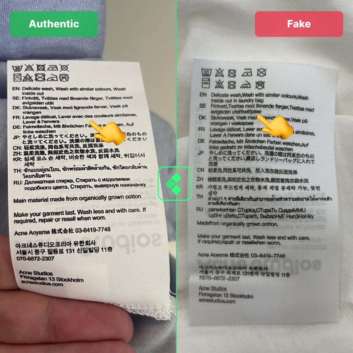 Authentic vs Fake comparison: Acne Studios second wash tag page