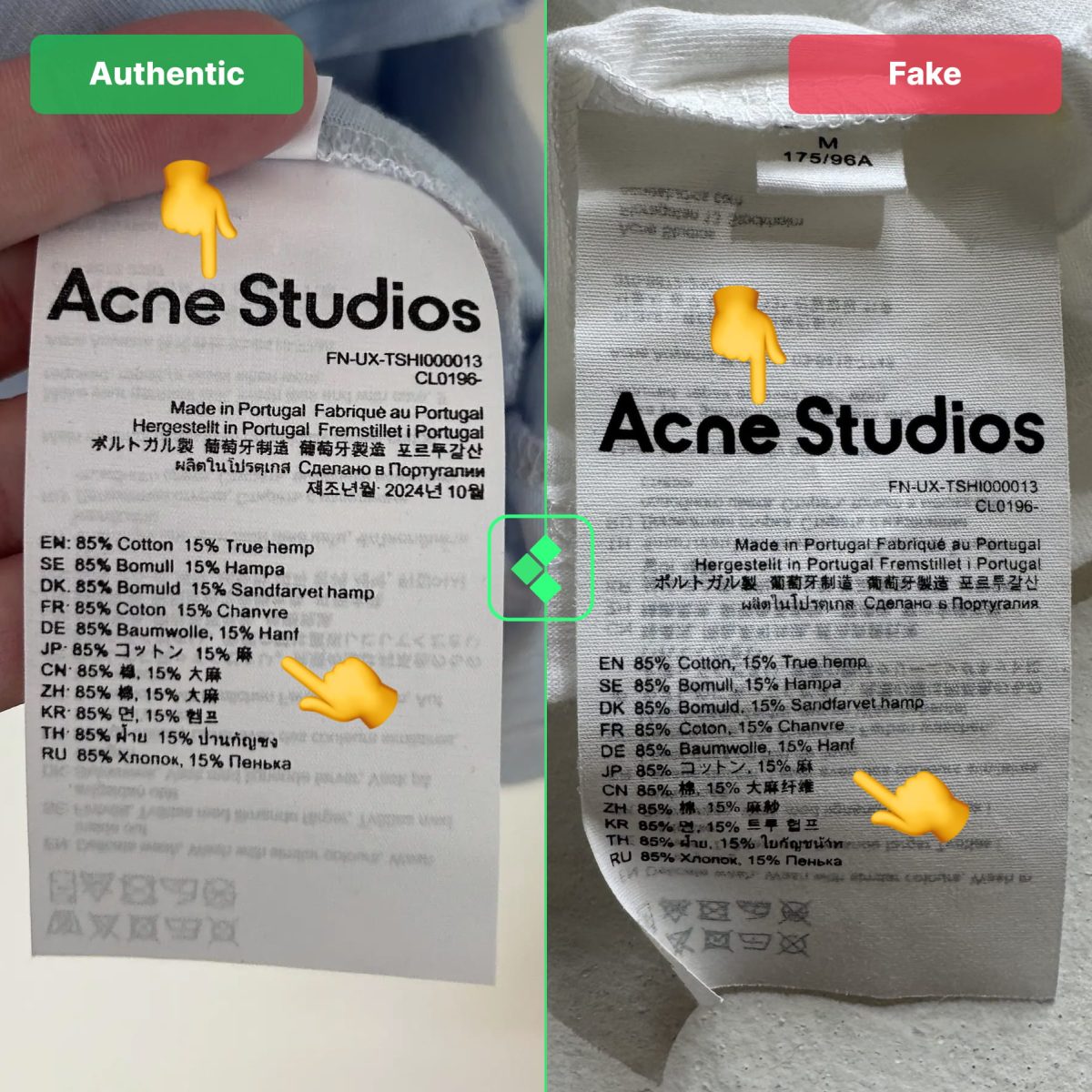 Authentic vs Fake comparison: Acne Studios first wash tag page